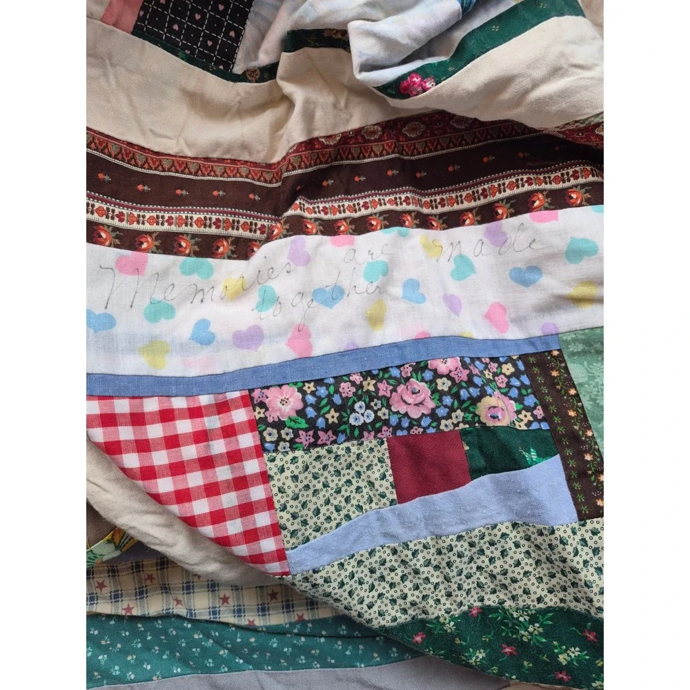 Handmade Log Cabin Patchwork Quilt Folk Art Cabin Blanket Tattered Worn 84X87